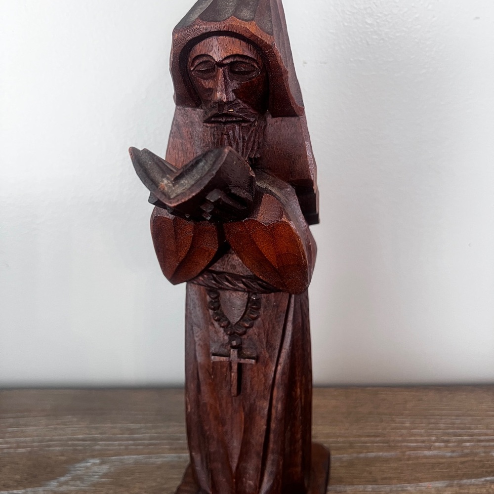 Antique 14” Hand-carved Wooden Monk Sculpture With Rosary